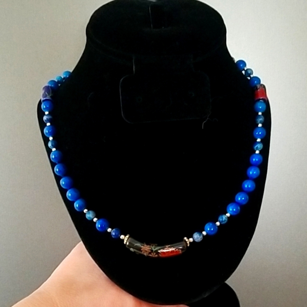 Blue Lapis Necklace With Unique Painted Beads.💙